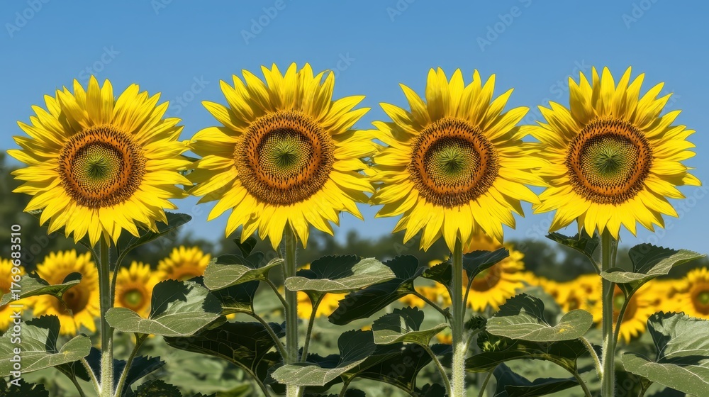 Fototapeta premium Sunflowers in a field displaying vibrant yellow blooms