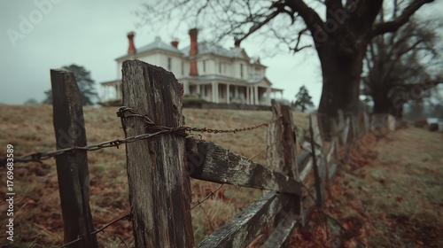 A rustic wooden fence guides the eye towards a grand old house on a hill, shrouded in a serene, melancholic atmosphere. Classic architecture.