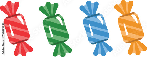 Colorful wrapped candies collection, sweet confectionery treats, red green blue orange candy, sugar dessert, tasty snack, cute candy illustration design