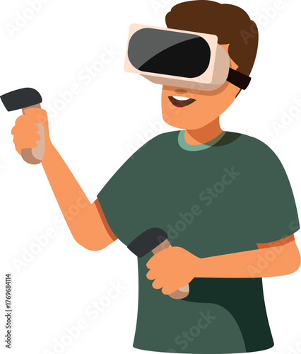 Young man wearing vr headset and holding controllers is immersed in virtual reality gaming experience