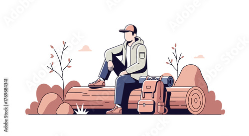 Resting Hiker On Log Enjoying Scenic View And Planning Adventure Outdoors
