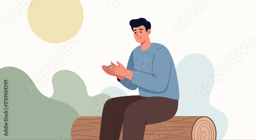 Positive Thinking Man Clapping Hands, Sitting on a Log, Outdoors, Feeling Content
