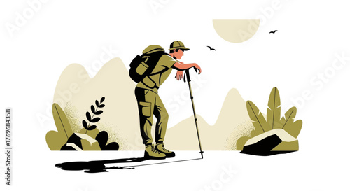 Resting Hiker in the Wilderness Gazing Into the Horizon Admiring the Landscape View