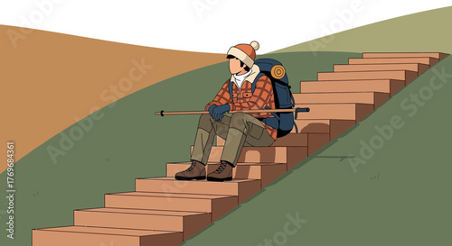 Resting Hiker On Steps: Serene Moment In Nature With Hiking Gear