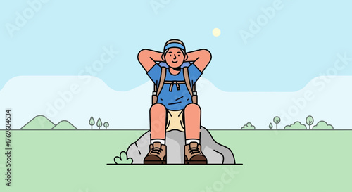 Relaxed Hiker Enjoying Peaceful Landscape Amidst Rolling Hills and Serene Sky