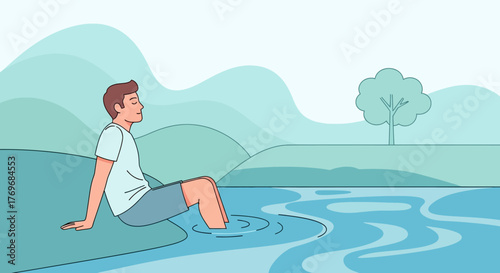 Relaxed Man Enjoying Peace Near Water, Meditating in a Peaceful Natural Environment
