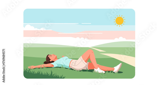 Relaxed Woman Reclining On Grassy Hill Under Sunshine And A Beautiful Blue Sky