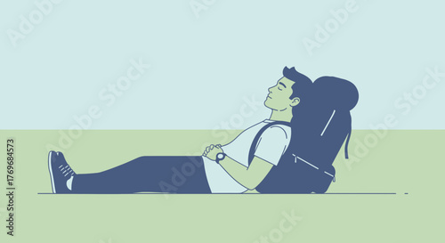 Relaxed Traveler Resting With Backpack After A Long Hike Against A Blue-Green Backdrop