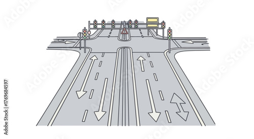 Road Intersection Artwork Featuring Traffic Signals and Directional Arrows