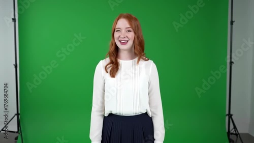 Woman with red hair speaks in front of green screen.