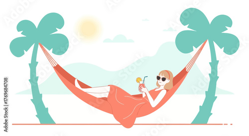 Relaxing Tropical Getaway: Woman Enjoying Cocktail in a Hammock Surrounded by Palm Trees
