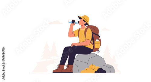 Rest And Hydration: An Adventurer Taking A Break In The Serene Mountainscape