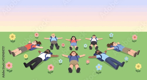 Rest Relaxing Friends Outdoors Laying Down Together on Green Grass and Flowers