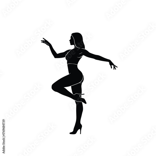 Silhouette of a woman in elegant dance pose with arms extended and one leg raised silhouette