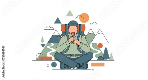 Rest And Nourishment: Adventurer Taking Break Amidst Mountain Scenery And Nature