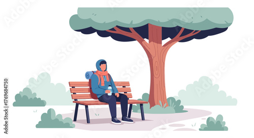 Restful Backpacking Traveler Under A Tree In A Park Contemplating His Journey