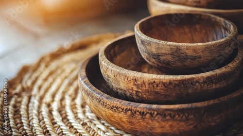 Wooden bowls stacked on woven placemat closeup