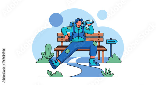 Rest Time: Relaxed Hiker Enjoying A Refreshment On A Scenic Trail Illustrative Design
