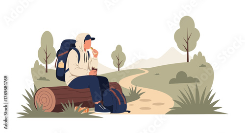Restful Break: A Hiker Relaxes, Eating On A Log Near A Winding Trail