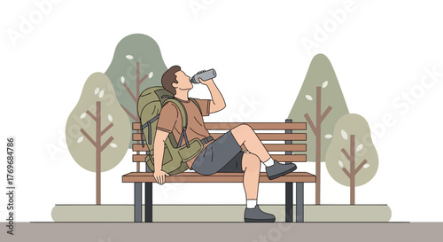 Restful Break: Hiker Hydrating On Park Bench Amidst Stylized Greenery