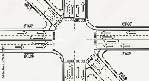 Road Intersection Diagram Depicting Lanes, Directional Arrows and Stop Signs