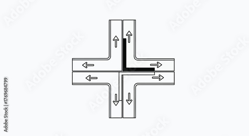 Road Intersection Diagram With Symbolic Arrows Indicating Directions In Monochrome Style