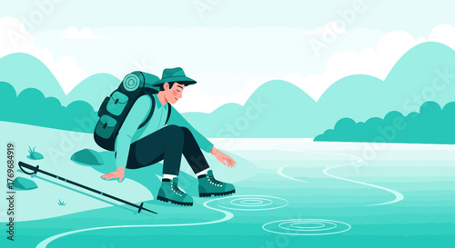 Restful Mountain Hike Illustration Depicting a Hiker Enjoying the Stunning Lakeside Scenery