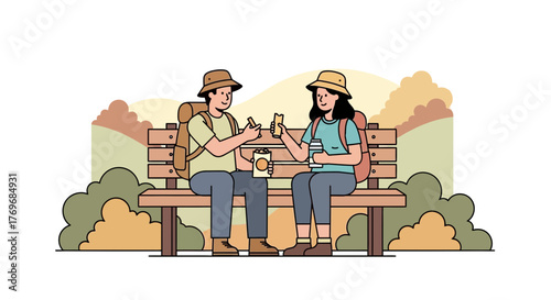 Resting Hike Couple on a Wooden Bench: Moment Sharing Outdoors in Autumnal Landscape