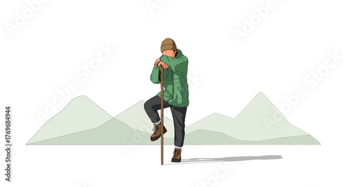 Resting Hiker Appreciates Serene Mountain Vista During Leisurely Outdoor Adventure