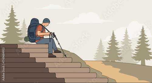 Resting Adventurer on Wooden Steps, Observing Calm Forest and Nature Scenery at Dawn