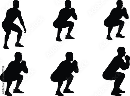 Squat exercise silhouette, fitness pose, lower body workout, black figure, athletic movement, leg strength, gym icon, health training, posture guide, form illustration