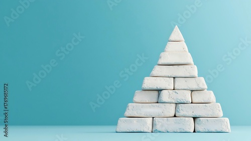 A pyramid of white bricks stacked against a clean teal background, signifying growth and structure