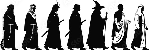Silhouette, walking, costume, character, fantasy, historical, cultural, robe, headdress, staff, sword, icon, vector, traditional, monk, samurai, wizard, tribal, toga, illustration