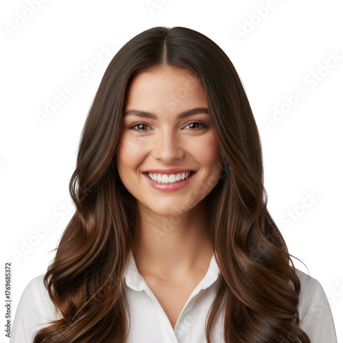 Smiling young woman with long wavy brown hair wearing a white collared shirt isolated on transparent background