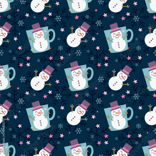Holiday print. Flat snowman icon, smiling snowman with open arms. Drawing for gift wrapping.