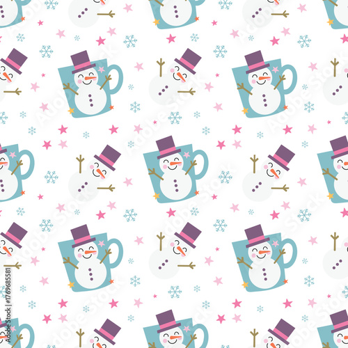 Holiday print. A playful, smiling snowman with outstretched arms. A drawing for gift wrapping.