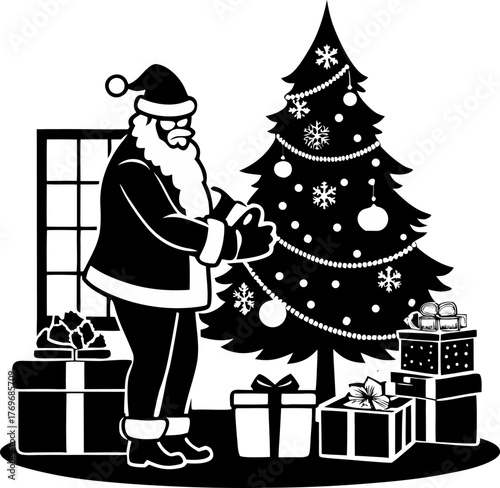 Santa Claus placing gifts under the Christmas tree inside a cozy living room, vector illustration silhouette vector icon , black and white , white background  