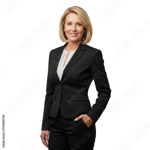 Professional businesswoman in a black suit smiling confidently with one hand in pocket isolated on transparent background