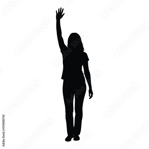 Silhouette of a woman raising her hand in a welcoming gesture silhouette
