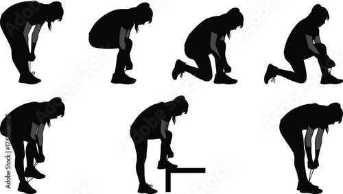 Shoelace, tying, silhouette, person, crouching, kneeling, posture, motion, black, icon, vector, minimal, design, illustration, ergonomic, activity, footwear, gesture, sequence, sitting