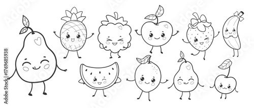 Set of smiling fruits in black and white line art. Fun kawaii characters perfect for coloring pages, kids projects, or healthy food designs.