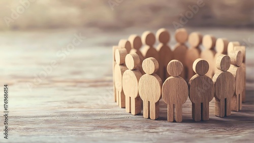 A circle of wooden figurines representing a connected community, unity, and support