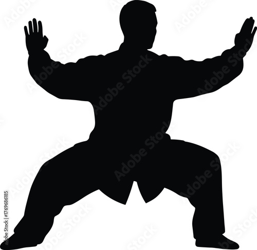 Martial arts silhouette, defensive stance, black figure, Tai Chi pose, Kung Fu gesture, traditional movement, balance icon, focus posture, training illustration, discipline art
