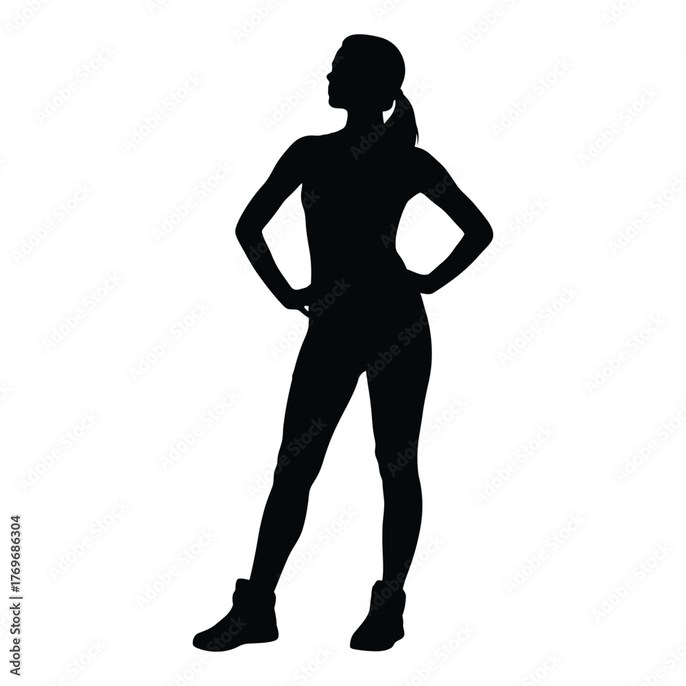 Fototapeta premium Silhouette of a fit woman standing confidently with hands on hips exercise pose silhouette