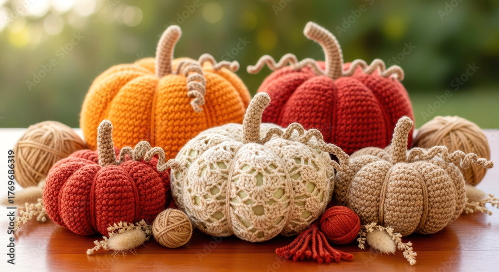 Fototapeta premium Autumn's Crochet Treasures: A collection of charming crochet pumpkins, each in a unique hue, arranged on a wooden surface, evokes the cozy feeling of autumn harvest.