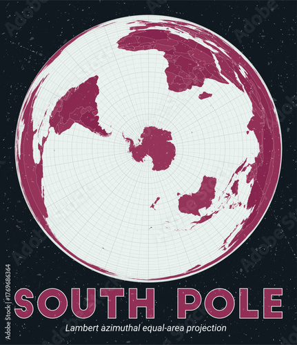South Pole. World map. Lambert azimuthal equal-area projection centered to South Pole. Pale Mint Dark Pink palette. Vintage texture. Authentic vector illustration.