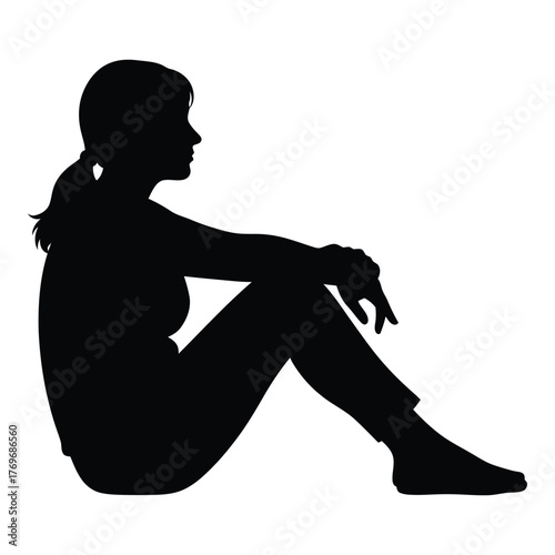 Silhouette of a young woman sitting in profile relaxed pose full body view casual style silhouette