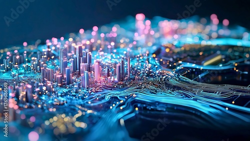 Abstract city representing the digital world. The image presents interconnectedness and technology advancements