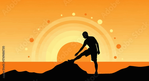 Silhouette Of A Man Stretching On A Mountain Against The Setting Sun