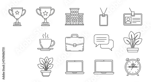 Set of thin line icons for business and office concepts. Includes trophy, laptop, coffee, and corporate building symbols for web and mobile projects